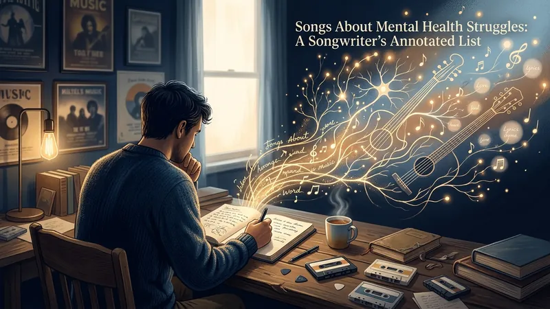 A man writes lyrics in a notebook at a wooden desk, with cassettes and tea, as glowing music notes and guitars rise from the page